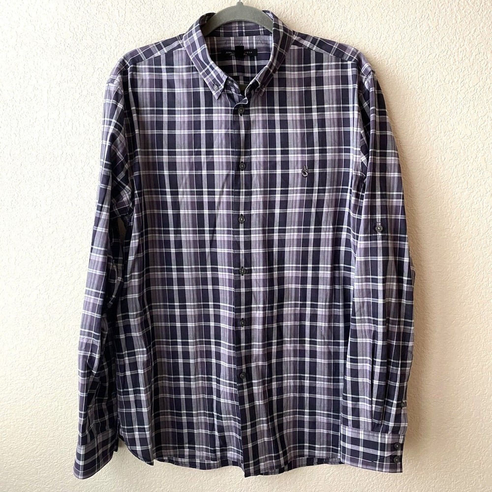 John Varvatos Mens Shirt Size L Plaid Gray Purple Button Front Roll Tab Sleeve